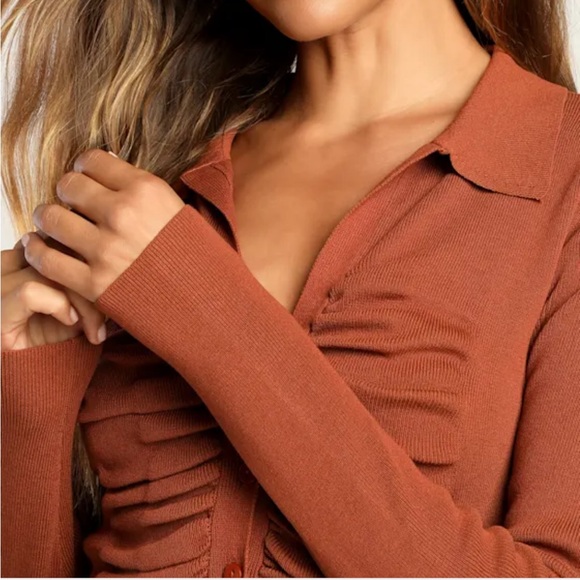 Lulus Rust Brown Ruched Button-Up Sweater - Picture 2 of 5